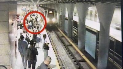 Bir adam metro treni bekleyen bir kadini karsidan gelen bir trenin altina itmeye calisti vi deo 7003