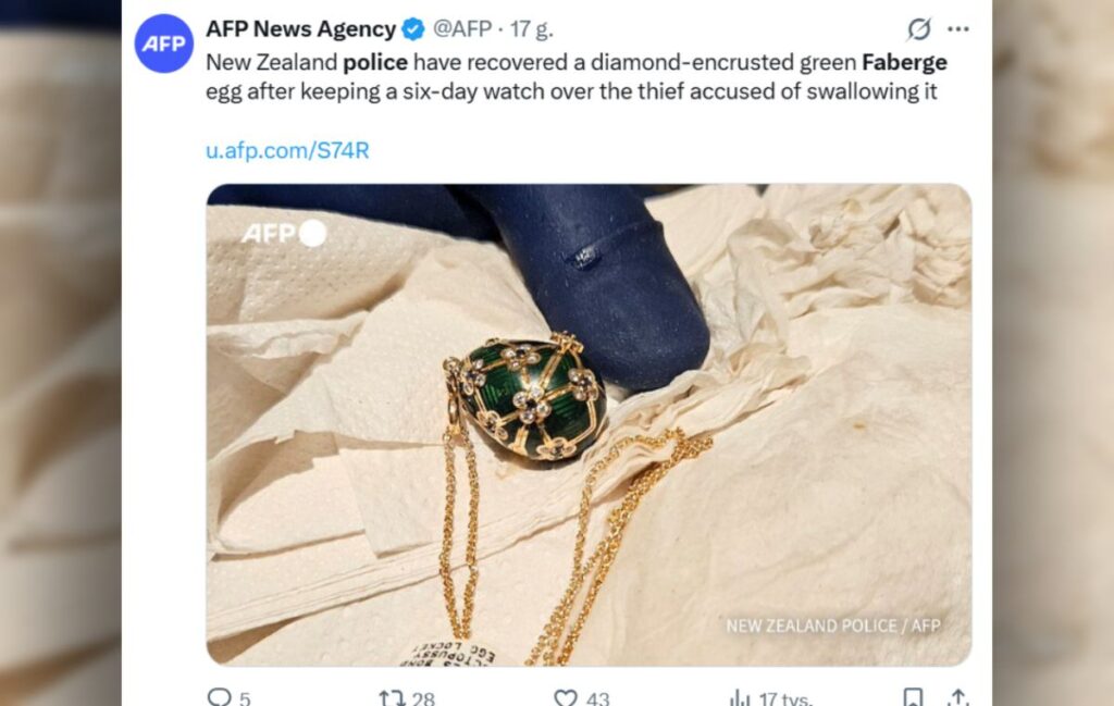 unlu yumurtayi yedi cunku onu calmak istiyordu servis hazineyi 20 000 dolara geri aldi 28015