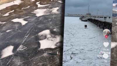 Sopotta donmus baltik denizi uzerinde yuruyen ciftin goruntuleri sosyal medyada gundem oldu